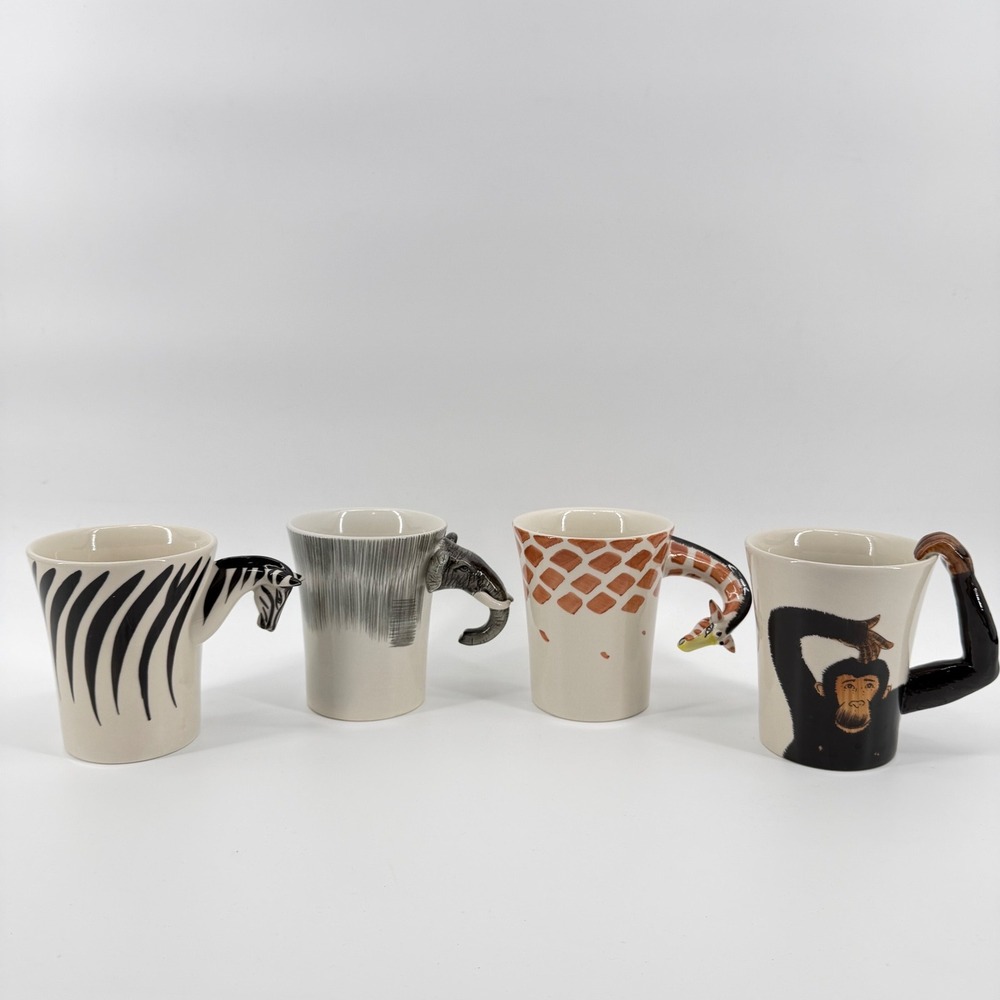 Pier 1 Imports Animal Handle Ceramic Coffee 4 Mugs Zebra Elephant Giraffe Monkey